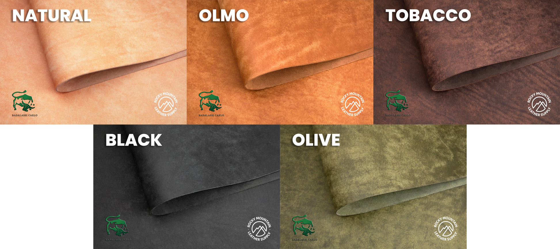 Available colors of Pueblo leather. Includes natural, olmo, tobacco, black, olive